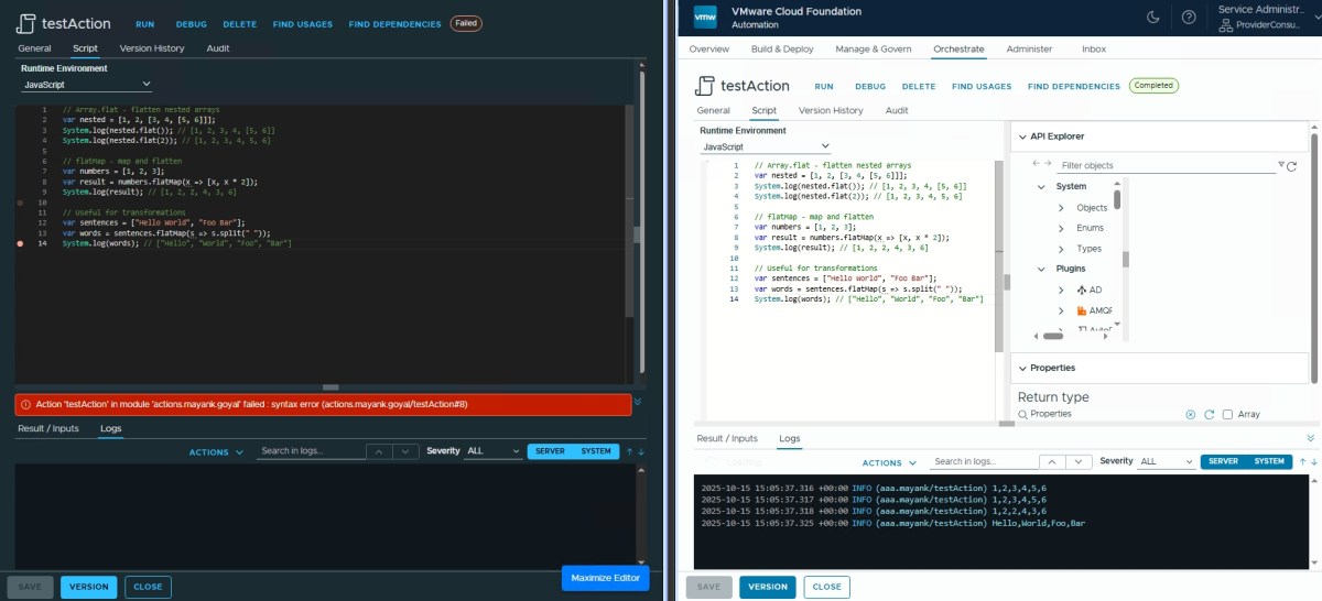 A side-by-side comparison of JavaScript code execution in two different environments. The left panel shows an error message for a failed action, while the right panel displays successful code execution with API Explorer access.