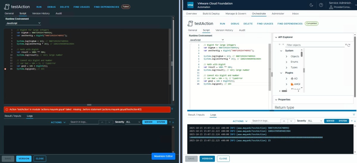 A comparison image showing two code editors side by side. The left editor has a failed action with JavaScript code, while the right editor displays successful output and log entries for the same code. Both editors highlight the differences in runtime environments.