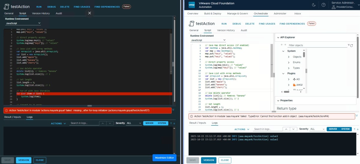 Screenshot showing JavaScript code execution environment with script errors highlighted.