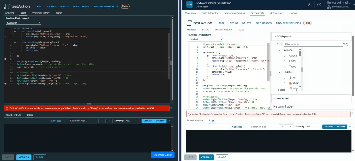 A split-screen comparison showing JavaScript code in a development environment on the left and a scripting interface on the right, with visible error messages and debugging information.