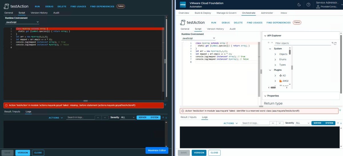 Screenshot comparison of JavaScript code execution errors in two different environments, highlighting issues with a custom array class.