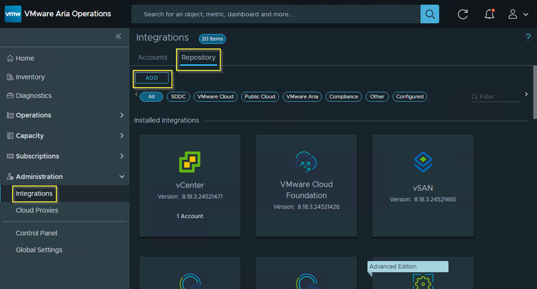 Screenshot of VMware Aria Operations Integrations section showing the Repository option and Add button highlighted, along with installed integrations including vCenter, VMware Cloud Foundation, and vSAN, with their version numbers displayed.