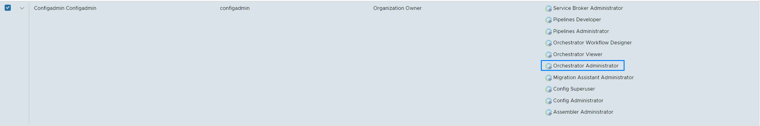 Screenshot displaying configuration options for the Orchestrator Administrator role in a management interface.