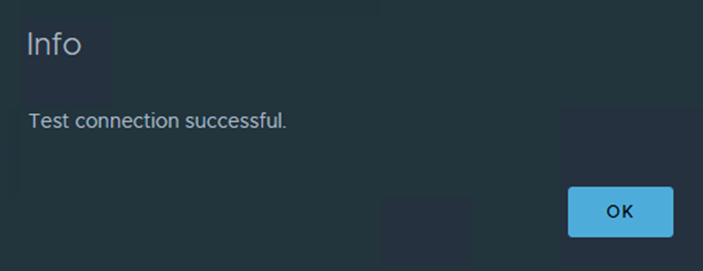 Notification indicating successful test connection with an 'OK' button.