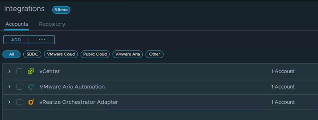 Screenshot of the Integrations section in a user interface, showing accounts for vCenter, VMware Aria Automation, and vRealize Orchestrator Adapter.