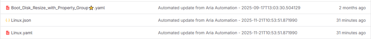 A screenshot of a file list in a Git repository showing YAML and JSON files, including 'Boot_Disk_Resize_with_Property_Group.yaml', 'Linux.json', and 'Linux.yaml', with timestamps indicating their last automated updates from Aria Automation.