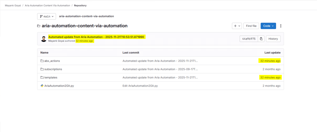 Screenshot of a GitHub repository for Aria Automation content, showing the latest commit details, including updates for 'abx_actions', 'subscriptions', and 'templates', along with the highlighted commit message and timestamp.