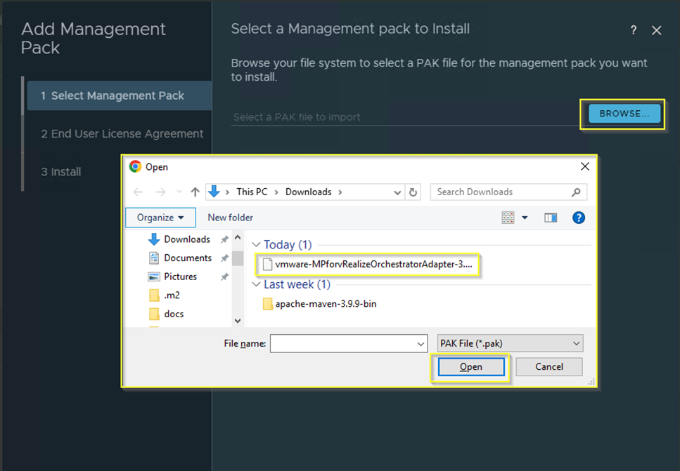 Window displaying file selection for adding a management pack in vRealize Orchestrator, showing 'This PC' and 'Downloads' folders with a highlighted PAK file.