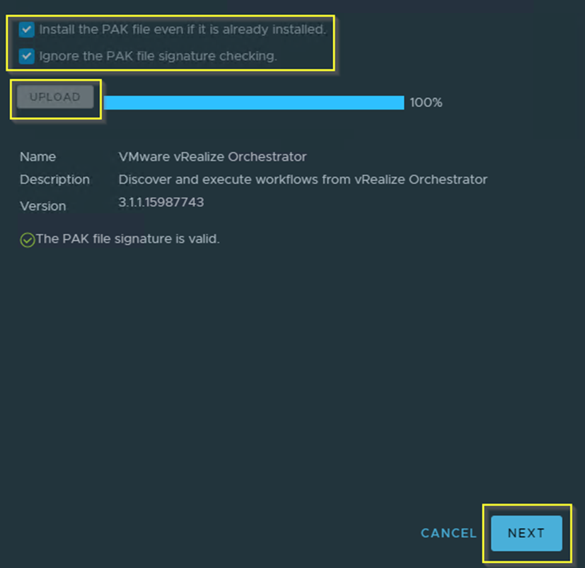 Screenshot of the vRealize Orchestrator upload interface with options to install a PAK file, displaying upload progress and a validation message.