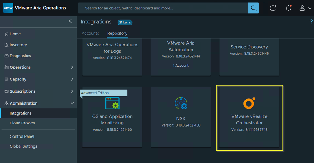Screenshot of VMware Aria Operations integrations page showing various repositories.
