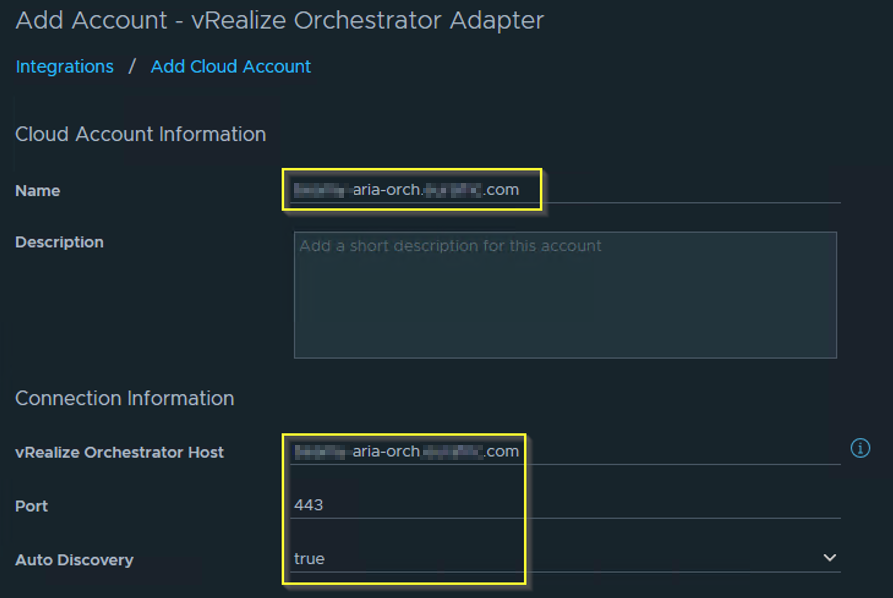 Form for adding a cloud account for vRealize Orchestrator Adapter, including fields for account name, description, host, port, and auto discovery.
