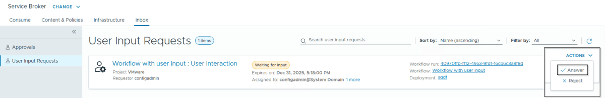 Screenshot of a user interface displaying 'User Input Requests' with a table showing workflow details, including project name, requester, status, and action options.