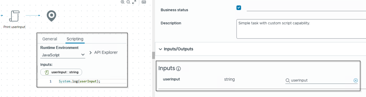 A JavaScript scriptable task interface showing the input variable 'userInput' and its use for logging user-provided input.