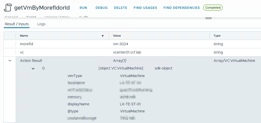 Screenshot of a coding interface showing inputs and action results for the function getVmByMorefIdorId, including parameters like morefId and vc.