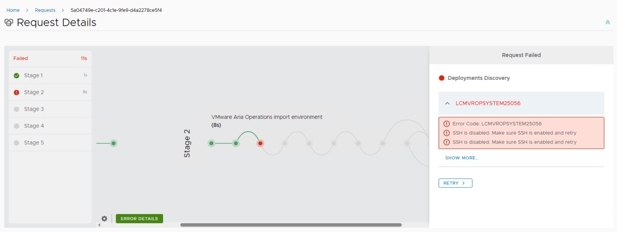Error details displayed during VMware Aria Operations import process, indicating a failure at stage 2 due to SSH being disabled, with error code LCMVROPSYSTEM25056.
