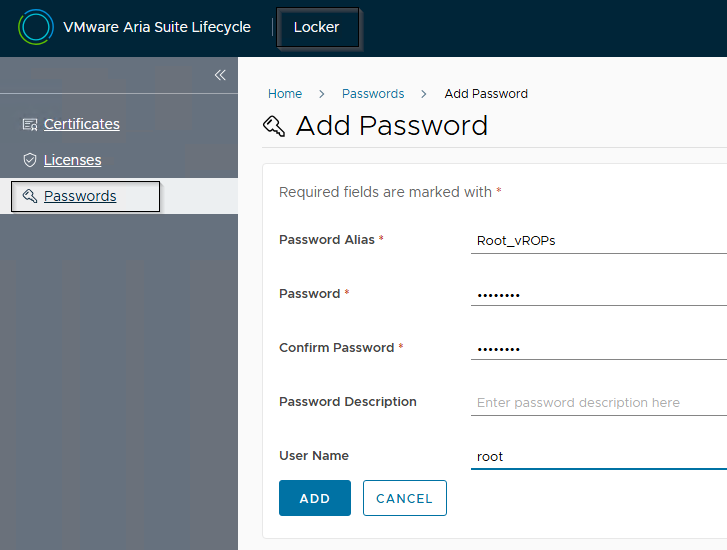Screenshot of the 'Add Password' section in VMware Aria Suite Lifecycle showing required fields for adding a password, including Password Alias, Password, Confirm Password, Password Description, and User Name.