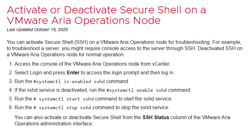 Instructions on activating or deactivating Secure Shell (SSH) on a VMware Aria Operations node, detailing steps to access the console and commands needed for SSH management.