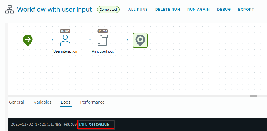 Interface showing a workflow with user input, including steps like user interaction and printing user input, along with logs displaying information.