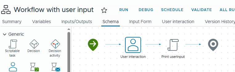 A screenshot of a user input workflow in a software application, featuring elements such as user interaction, decision activities, and input forms within a workflow schema.