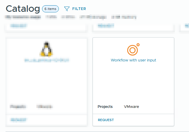 Screenshot of the Service Broker catalog displaying a workflow item titled 'Workflow with user input' along with project information and a request button.