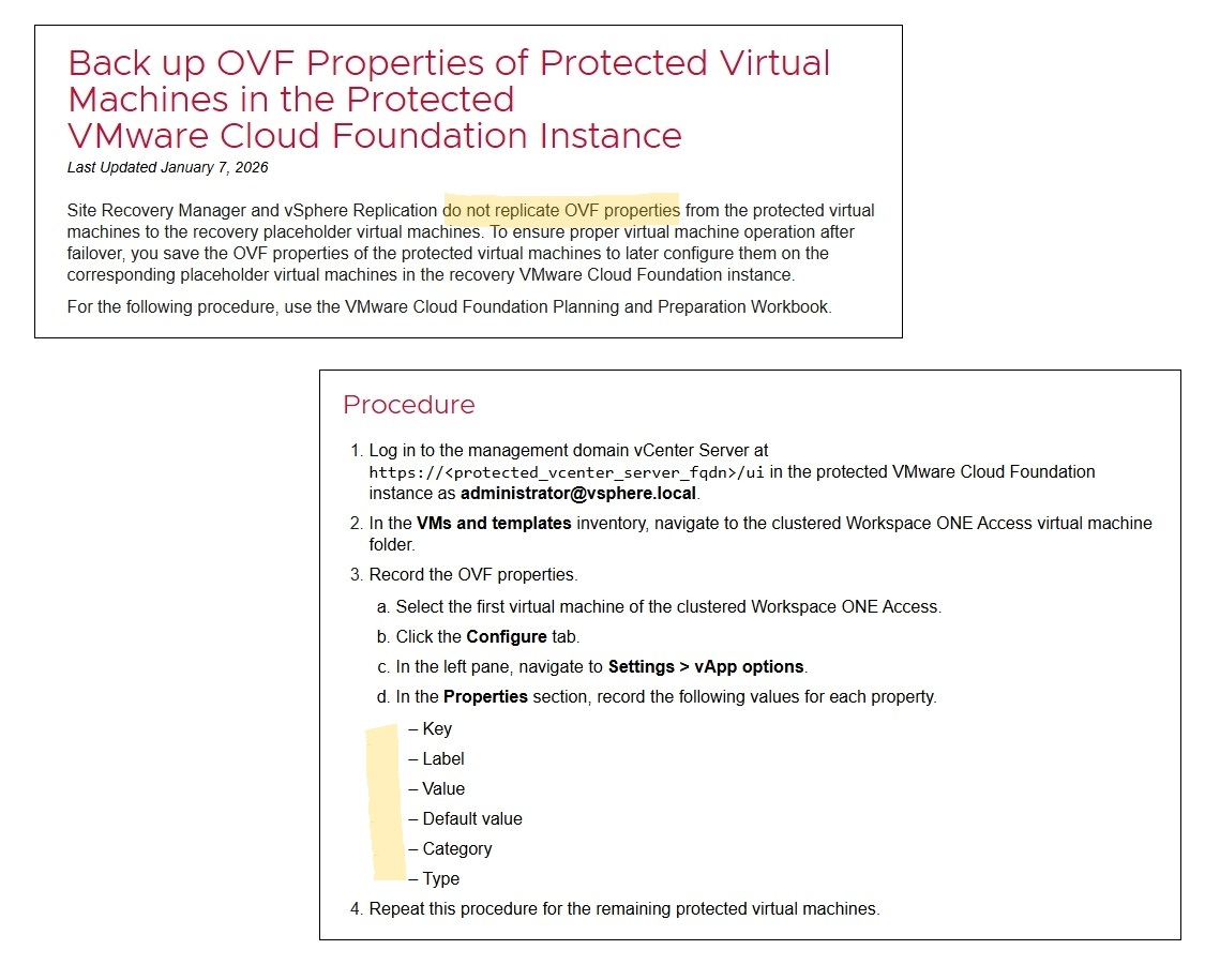 Document titled 'Back up OVF Properties of Protected Virtual Machines in the Protected VMware Cloud Foundation Instance' with instructions on how to save OVF properties for virtual machines.