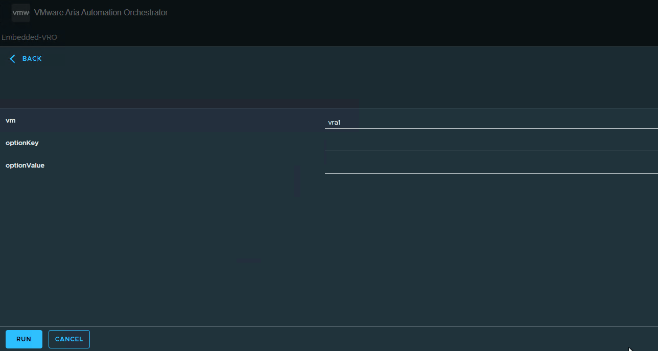 Screenshot of VMware Aria Automation Orchestrator interface showing fields for VM, option key, and option value.