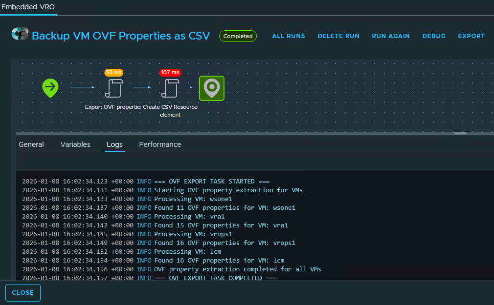 Screenshot of a vRO workflow log showing the process of exporting VM OVF properties as a CSV file.