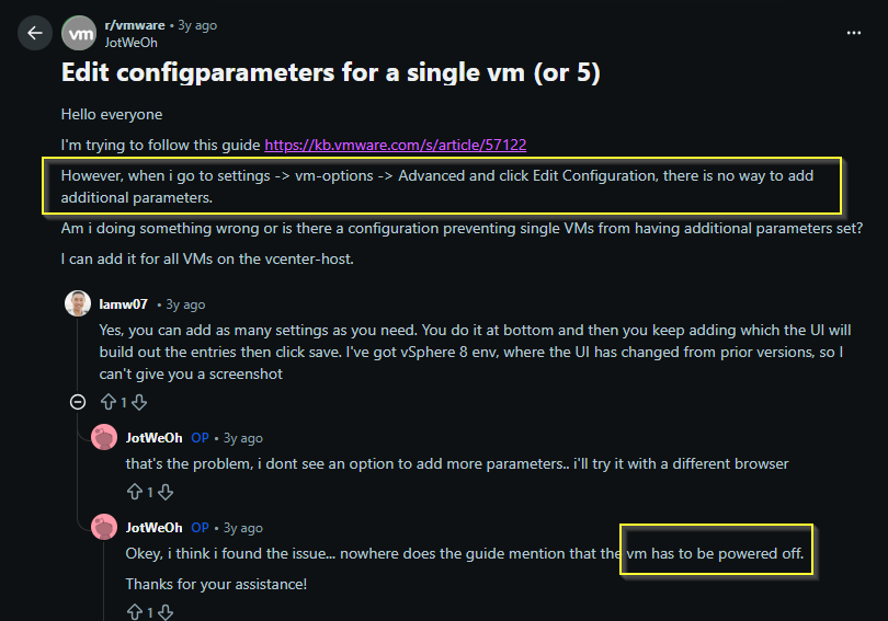 Screenshot of a discussion thread on Reddit about editing configuration parameters for a virtual machine in VMware, highlighting user queries and responses regarding the process.