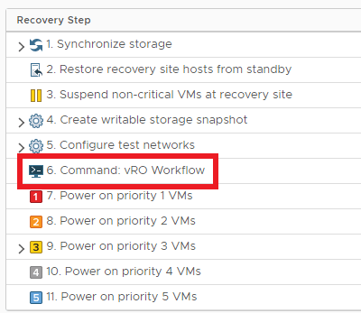 A screenshot of a recovery step interface in VMware, showing a list of actions including 'Synchronize storage', 'Restore recovery site hosts from standby', and 'Command: vRO Workflow' highlighted in red.