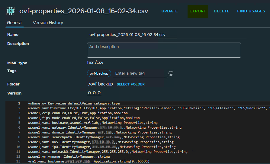 CSV file containing OVF properties including keys, values, default values, categories, and types for virtual machines.