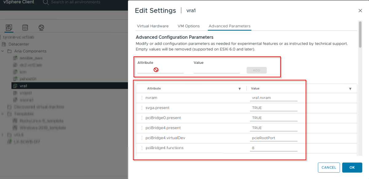 Screenshot of the 'Edit Settings' window in vSphere Client showing advanced configuration parameters for a virtual machine, including attributes like 'nvrm' and 'svga.present' with their corresponding values.