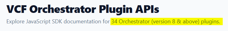 VCF Orchestrator Plugin APIs header with highlighted mention of 34 plugins for version 8 and above.