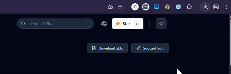 Screenshot of a web application interface featuring a search bar, star rating display, and buttons for downloading a .d.ts file and suggesting an edit.
