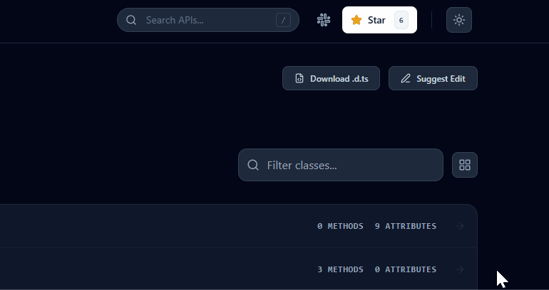 Screenshot of a dark-themed user interface displaying an API dashboard with a search bar, download option, and filter classes input. It shows information about methods and attributes.