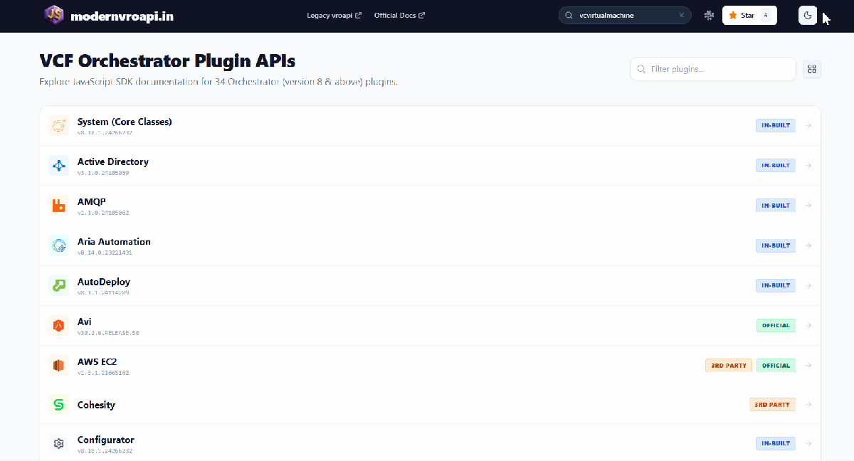Screenshot of the 'VCF Orchestrator Plugin APIs' page displaying a list of various plugins with their version details and status indicators like 'IN-BUILT' and 'OFFICIAL'.
