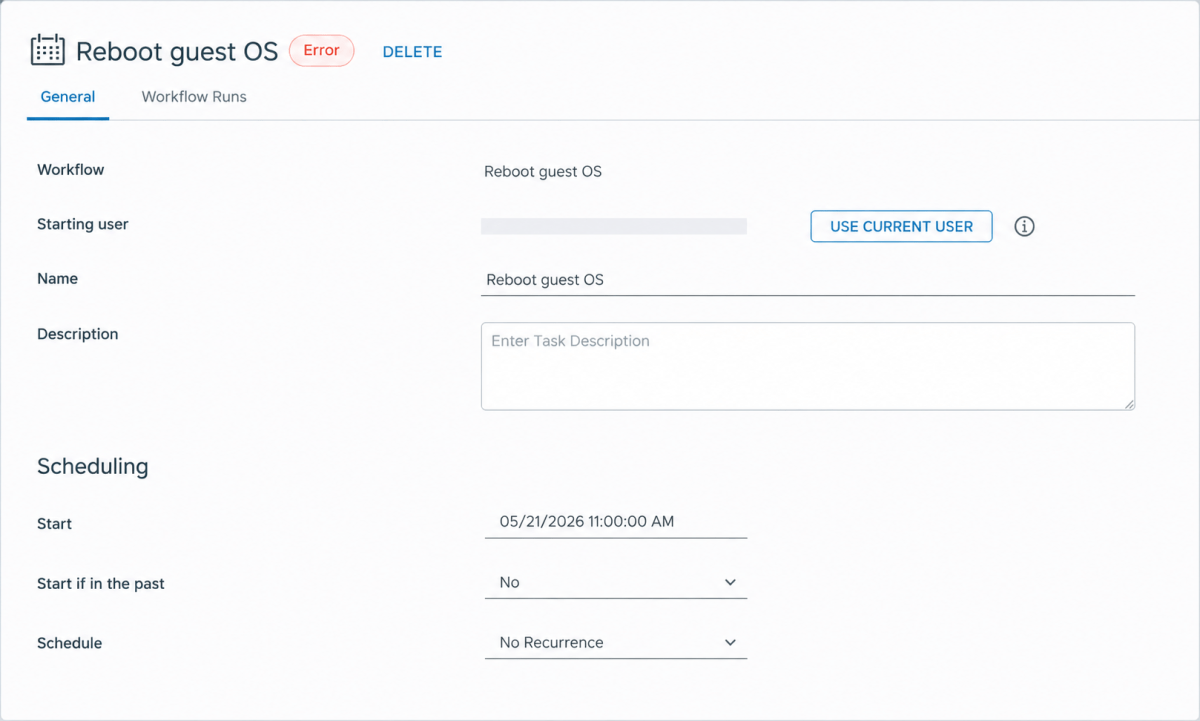 Screenshot of a user interface for a workflow titled 'Reboot guest OS', featuring fields for workflow details, user selection, a description box, and scheduling options.
