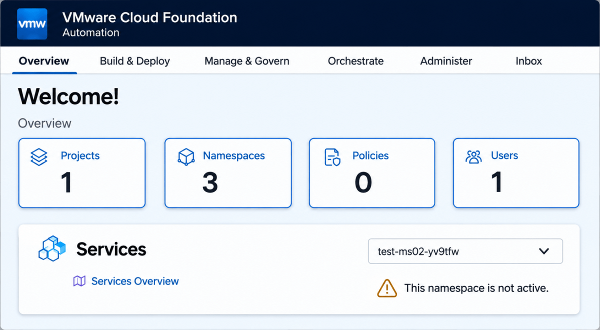 Overview dashboard of VMware Cloud Foundation showing the number of projects, namespaces, policies, users, and a notification about an inactive namespace.