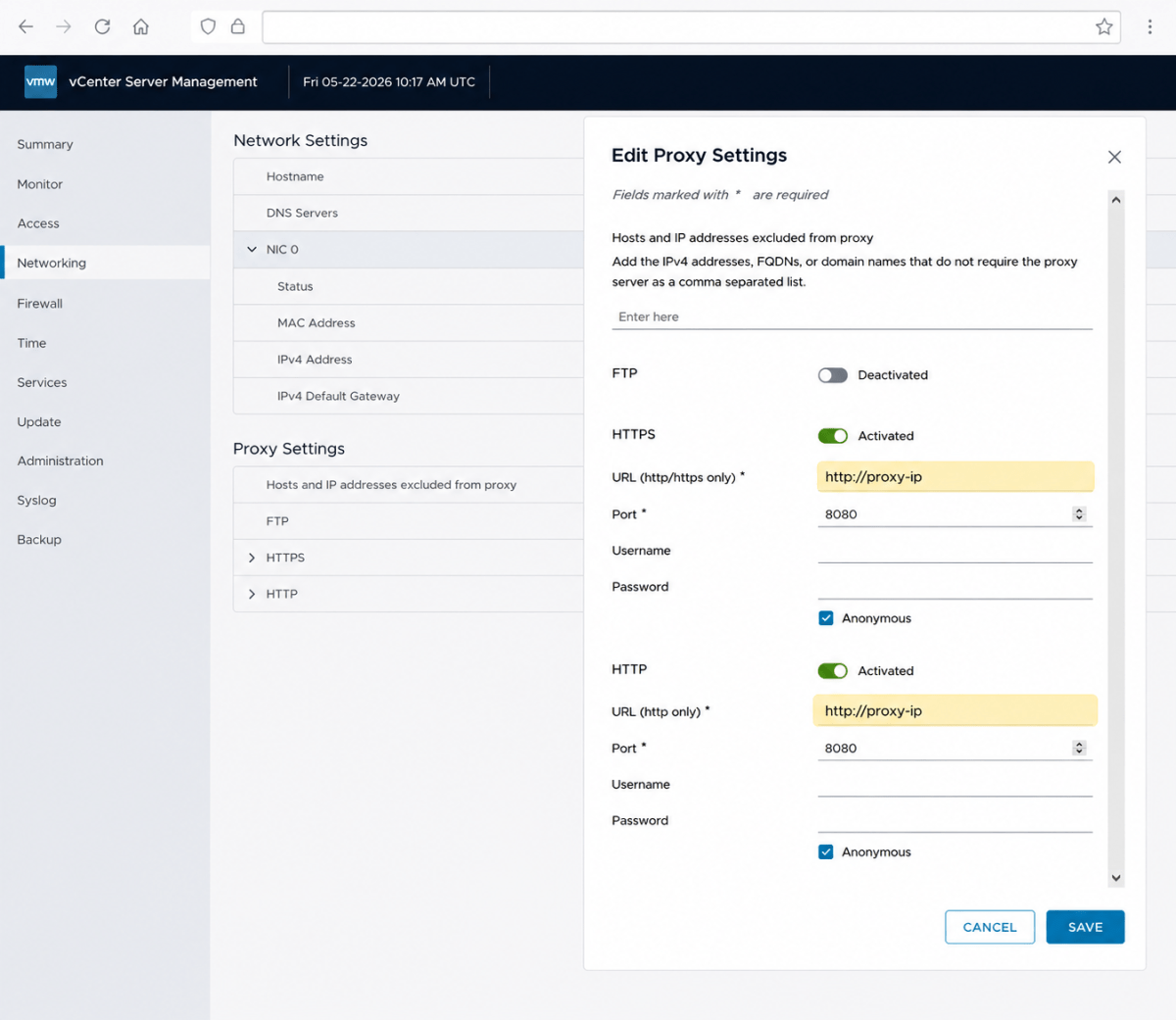 Screenshot of vCenter Server Management interface showing Proxy Settings under Networking. It displays options for configuring FTP, HTTPS, and HTTP settings, including fields for URL, Port, Username, Password, and Anonymous access.