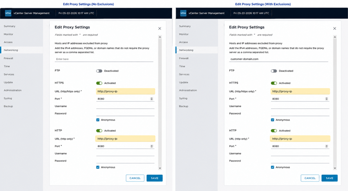 Screenshot of the 'Edit Proxy Settings' page in vCenter Server Management, comparing settings with and without exclusions. The left side displays fields for deactivating FTP, activating HTTPS and HTTP, and specifying URLs, ports, usernames, and passwords. The right side mirrors these options, highlighting a domain entered in the HTTPS section with 'customer-domain.com'.