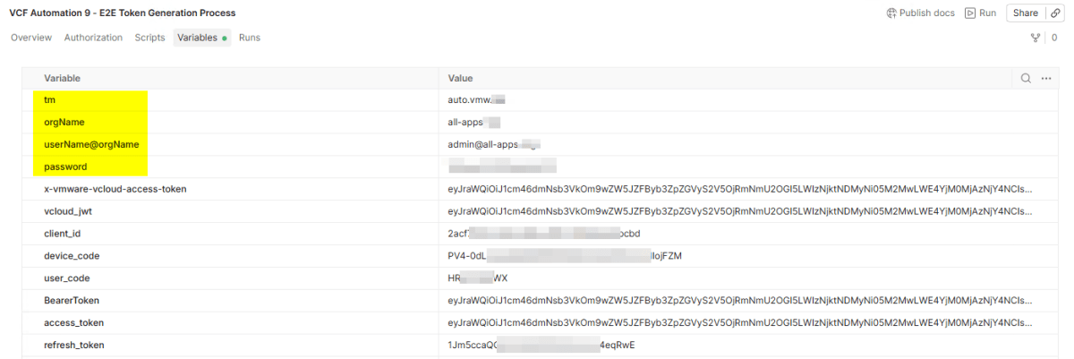 Screenshot of a user interface displaying variables and corresponding values for a token generation process in a cloud automation tool.