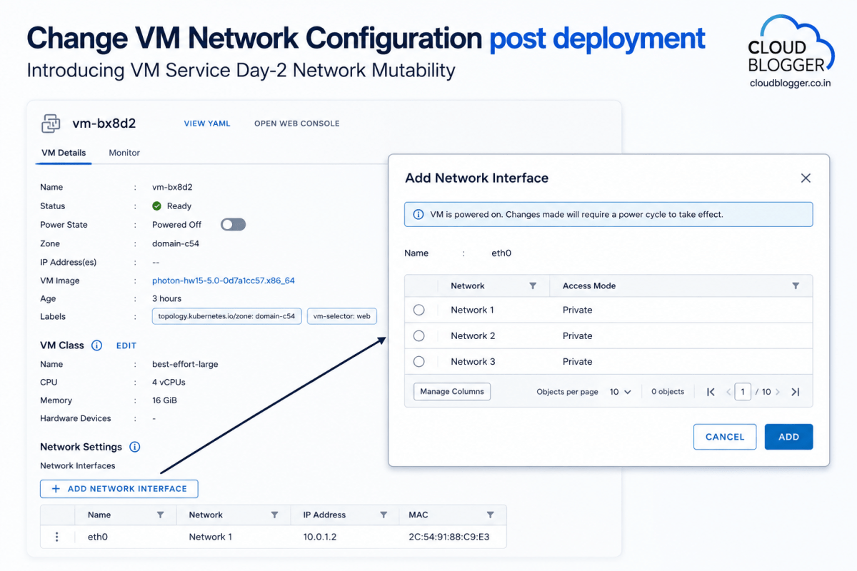 Screenshot of a virtual machine network configuration interface, displaying VM details, network settings, and options to add a network interface.