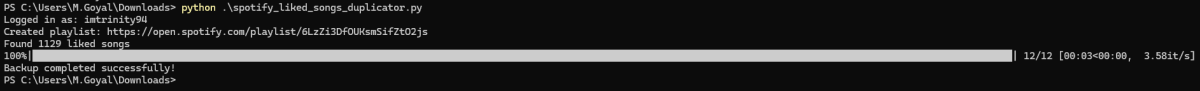 Screenshot of a command line interface displaying the execution of a Python script that creates a Spotify playlist of liked songs and confirms successful backup.