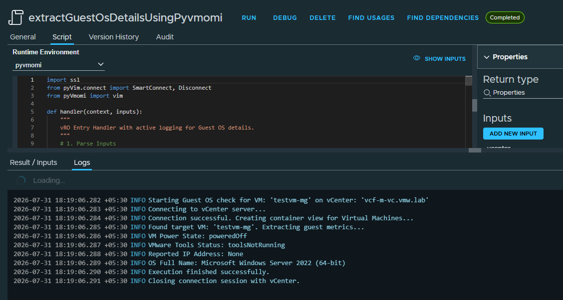 Screenshot of a script execution environment showing the code to extract guest OS details using PyVmomi. The code includes import statements and a log detailing the connection to vCenter and guest OS metrics.
