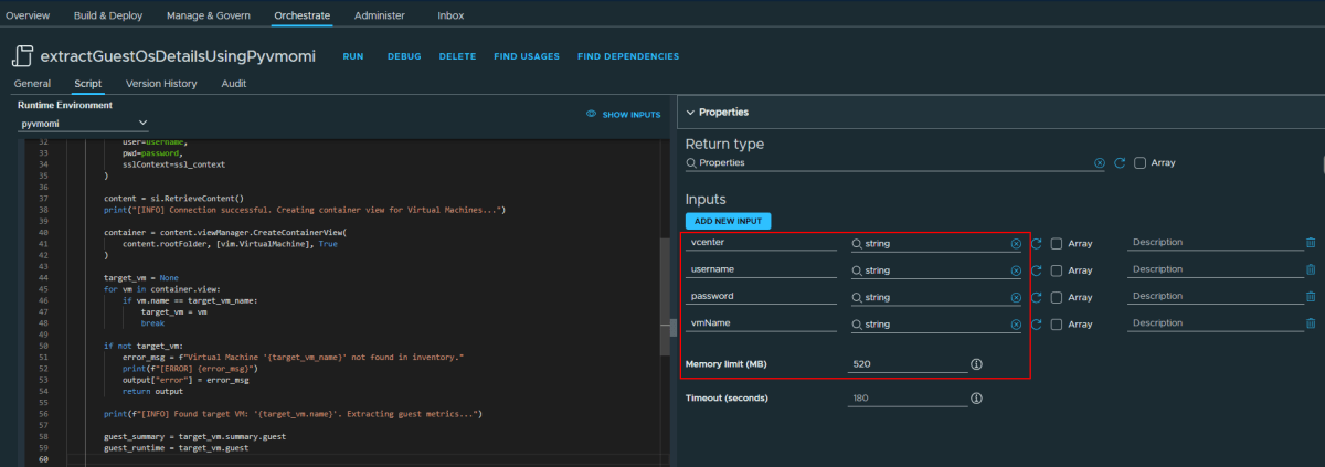 Screenshot of a script editor displaying code related to extracting guest OS details using PyVmomi, including input fields for vCenter, username, password, VM name, memory limit, and timeout settings.