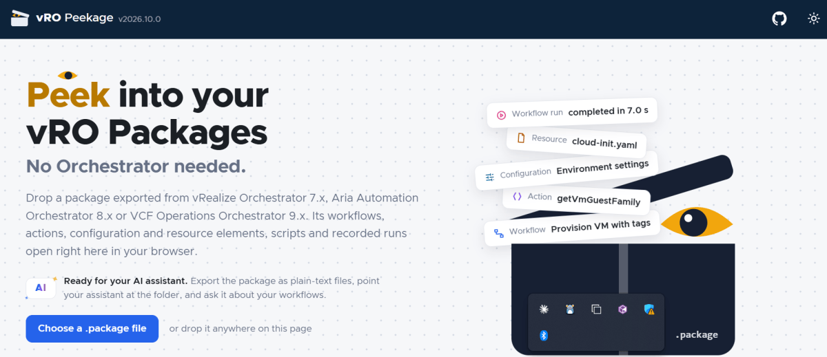 A webpage interface for vRO Peekage, showcasing features for exploring vRO packages, including options to upload a package file and view workflow details.
