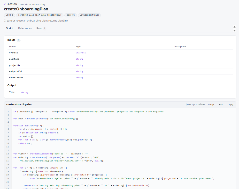 Code snippet for creating or reusing an onboarding plan in a system, showing inputs, outputs, and a JavaScript function.