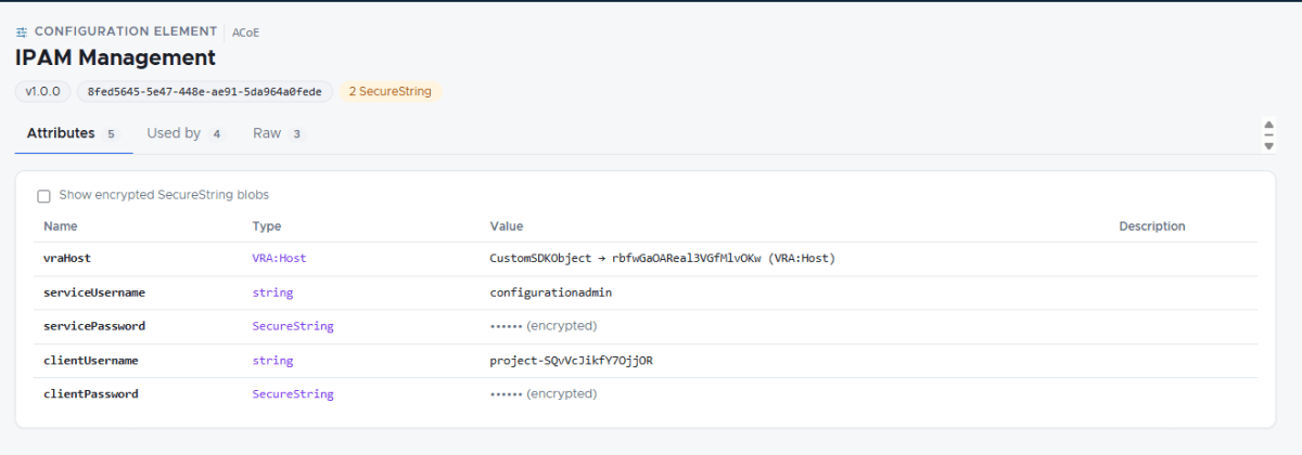 Screenshot of IPAM Management configuration element showing attributes like vrialost, serviceUsername, servicePassword, clientUsername, and clientPassword with encrypted values.