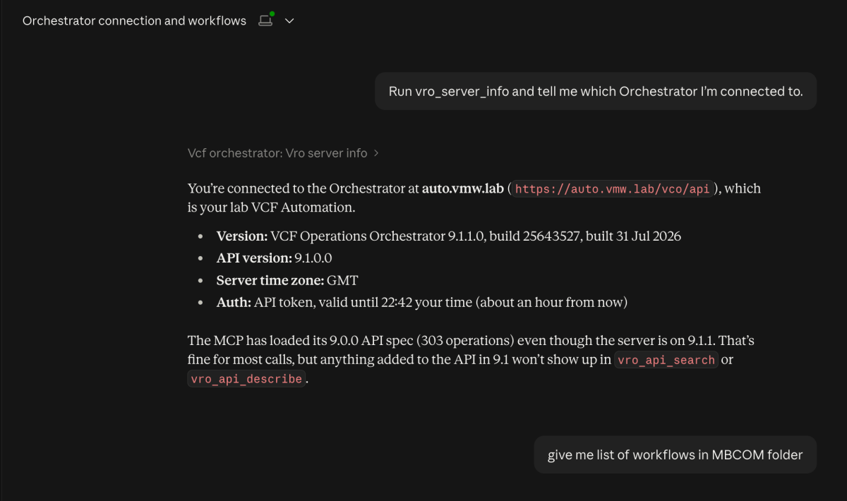 Screenshot of a user interface displaying connection details to a VCF Operations Orchestrator, including server version, API version, time zone, and authentication status.