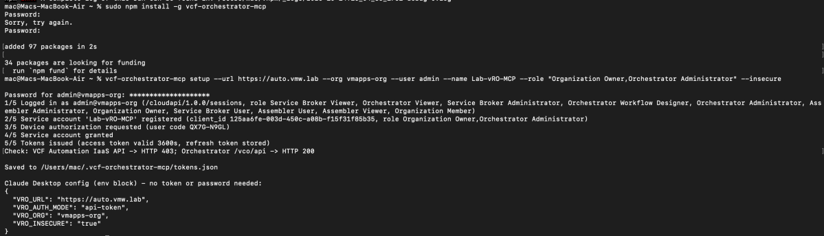Terminal output displaying npm installation commands and results for vRO orchestrator setup, including user login and permissions granted.