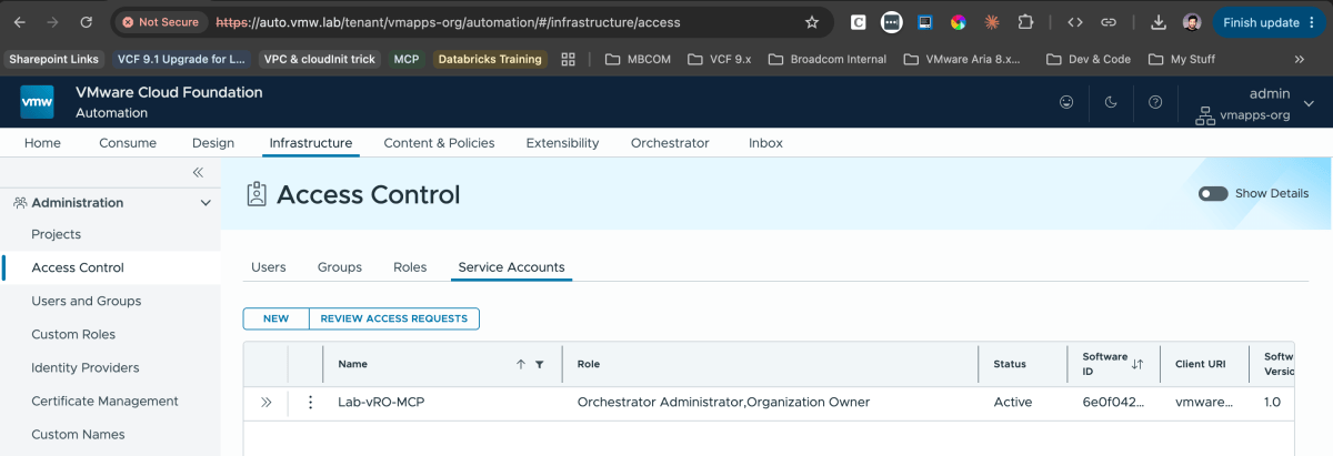 Screenshot of the VMware Cloud Foundation interface showing the Access Control section, with tabs for Users, Groups, Roles, and Service Accounts, highlighting the active Service Account 'Lab-vRO-MCP' and its assigned roles.